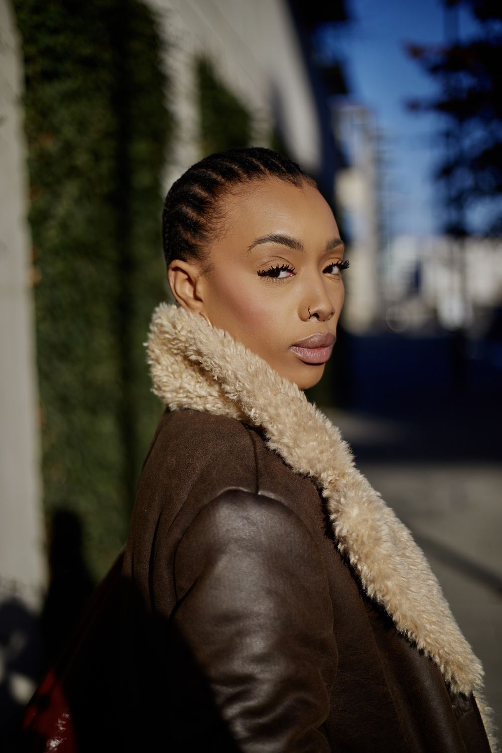 Paige Lewin in a shearling coat